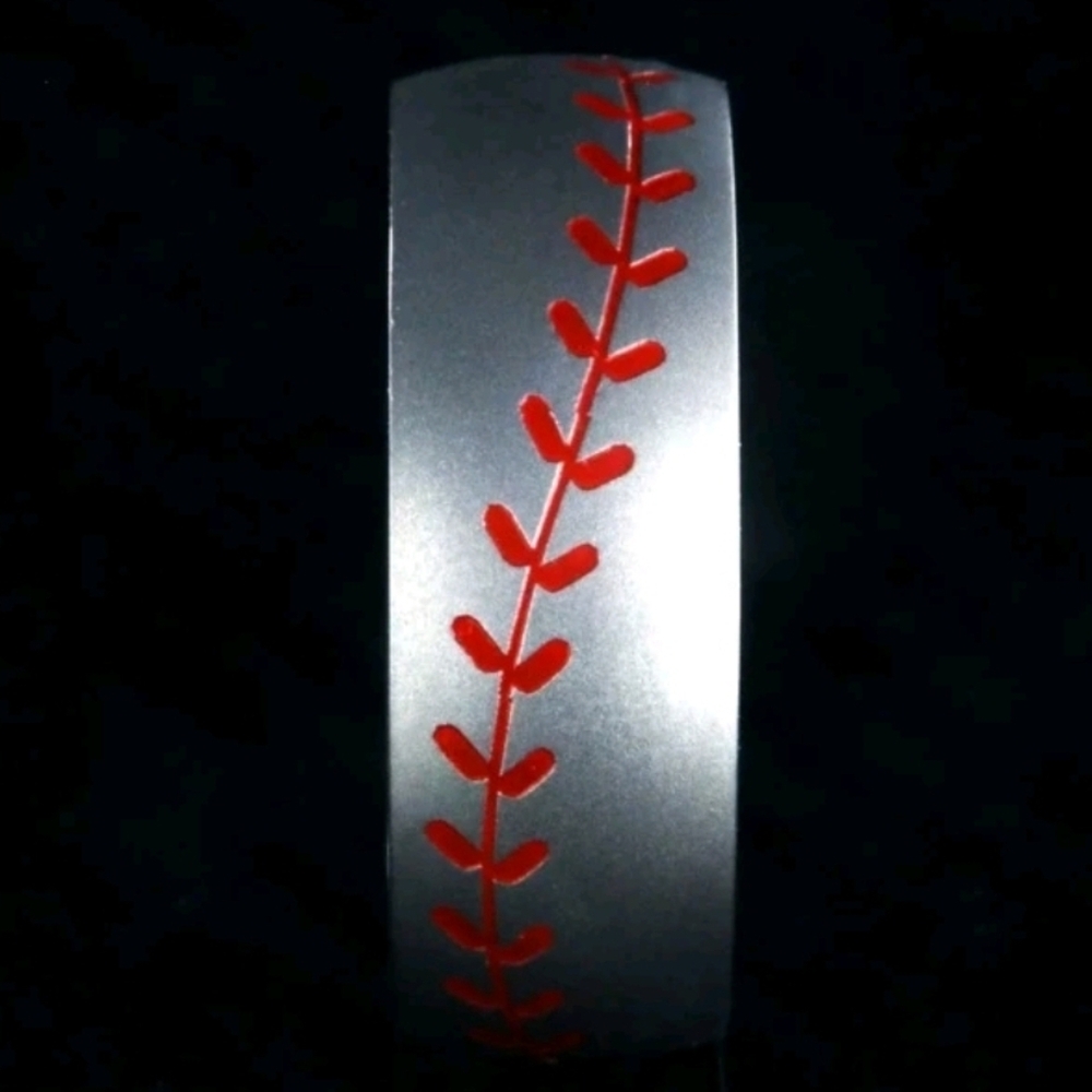 Silver Mens RING with Red Stitch Design BASEBALL DESIGN